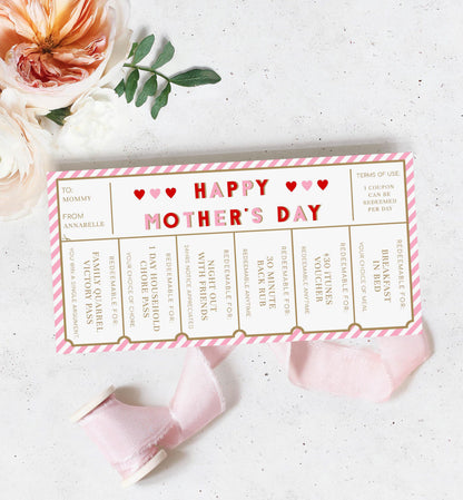 Stripe Red Pink | Printable Mother's Day Custom Love Coupons