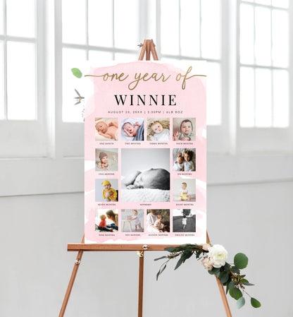 Watercolour Pink | Printable My First Year Photo Timeline Sign Template