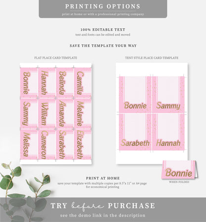 Barbie Party Pink Gold | Printable Place Cards Template - Black Bow Studio