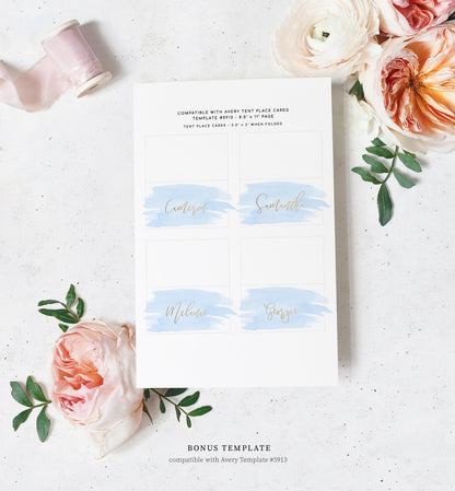 Watercolour Blue Gold | Printable Place Cards - Black Bow Studio