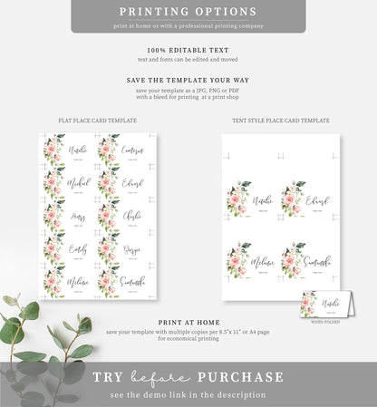 Darcy Floral Pink | Printable Place Cards Template - Black Bow Studio