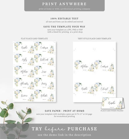 Darcy Floral White | Printable Place Cards Template