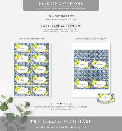 Positano Lemons | Printable Place Cards Template - Black Bow Studio