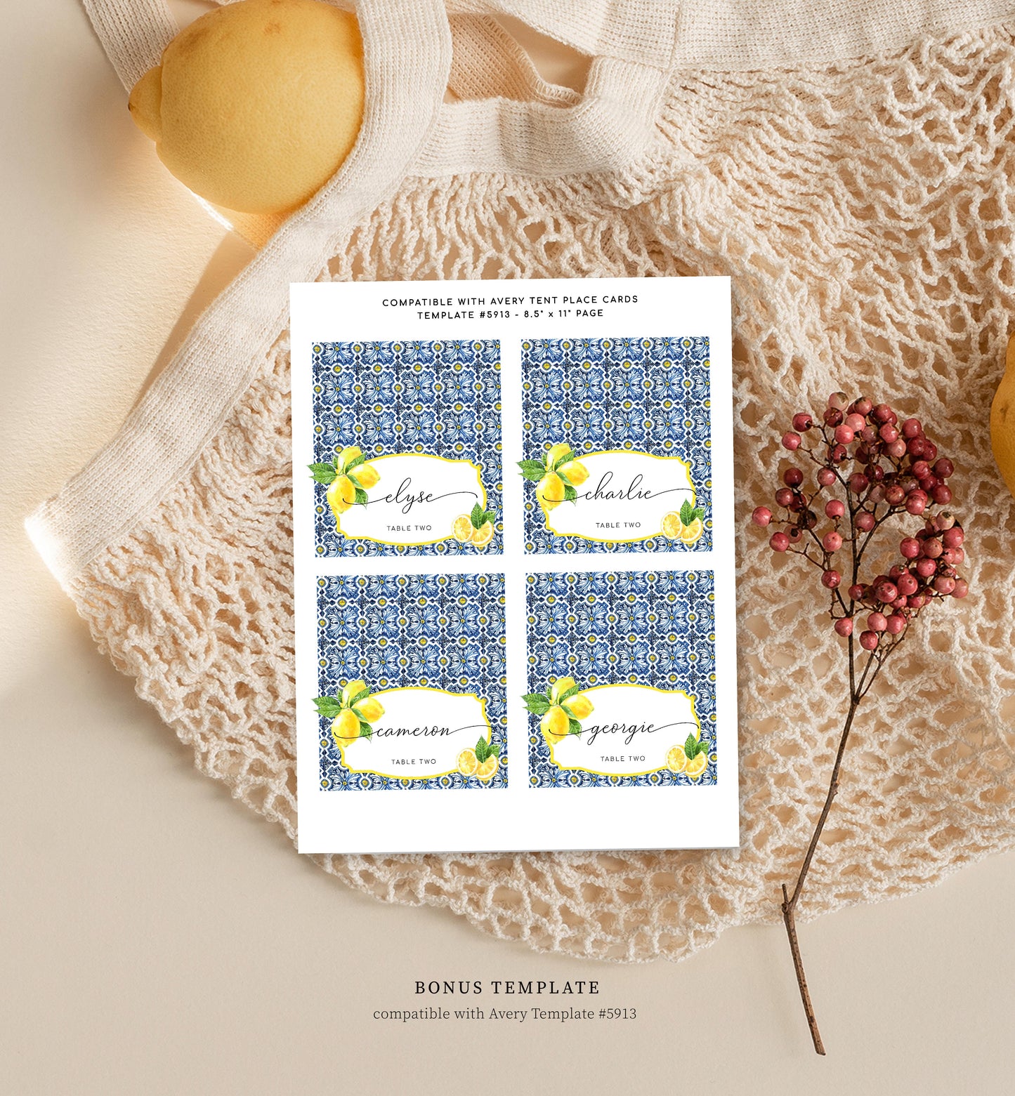 Positano Lemons | Printable Place Cards Template - Black Bow Studio