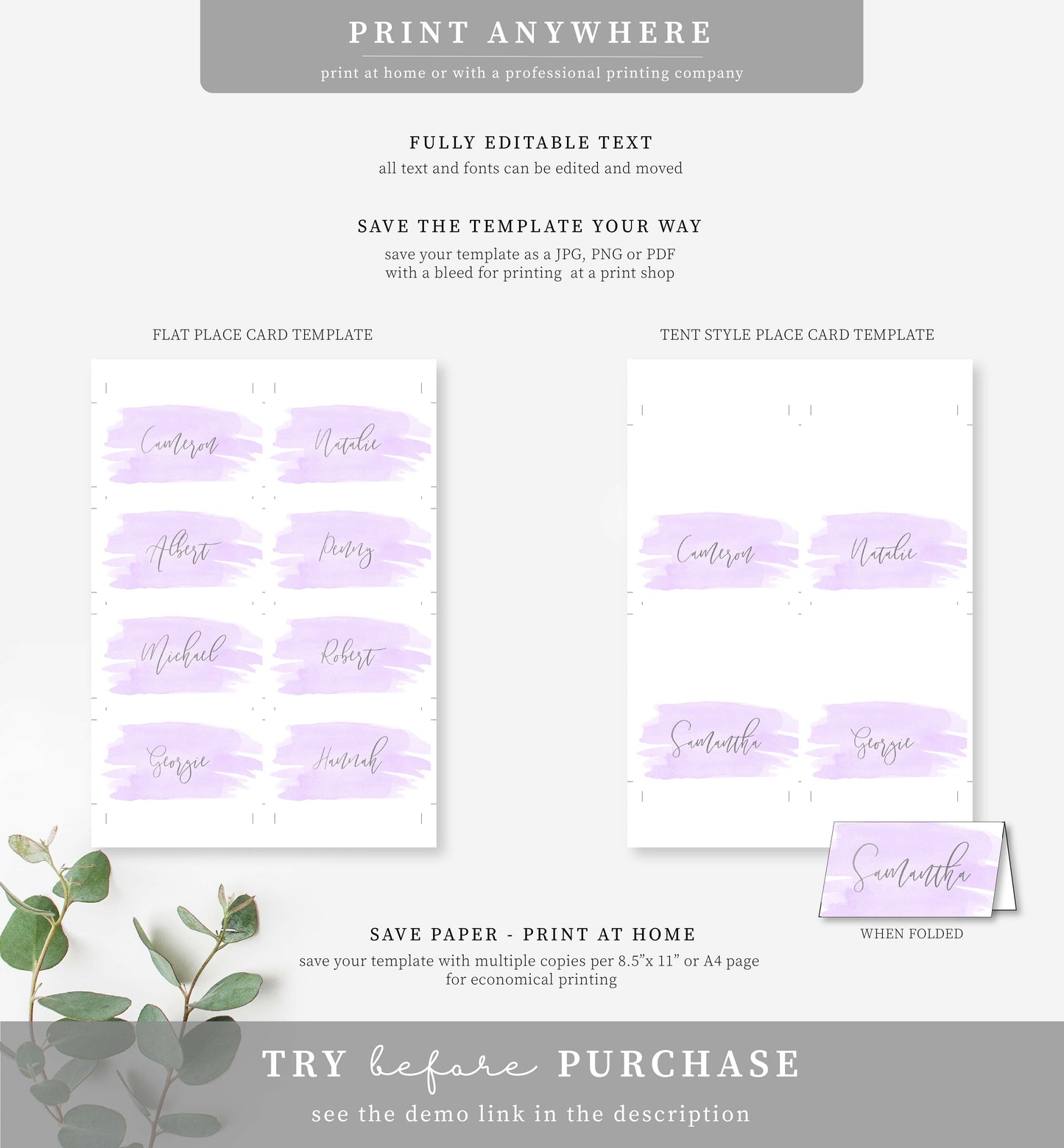 Watercolour Purple Silver | Printable Place Cards Template