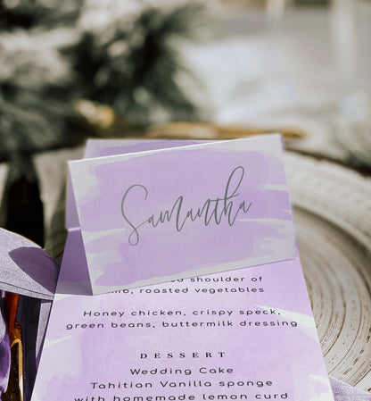 Watercolour Purple Silver | Printable Place Cards Template