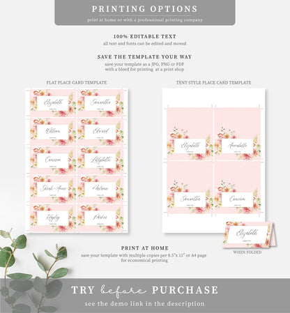 Quinn Floral Pink | Printable Place Cards