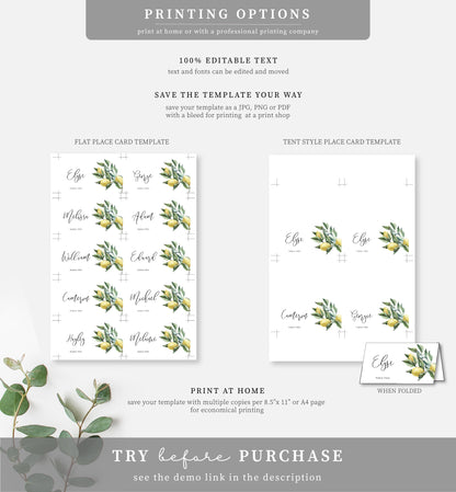 Tuscan Lemons | Printable Place Cards - Black Bow Studio