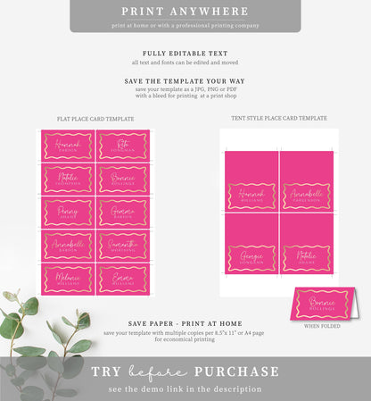 Wave Hot Pink Gold | Printable Place Cards Template