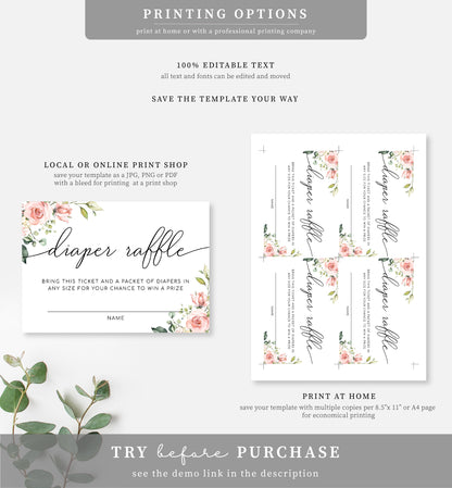 Darcy Floral Pink | Printable Diaper Raffle Sign and Ticket Template