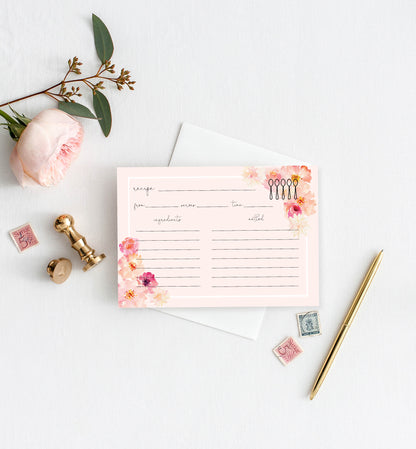 Abbieville Floral Pink | Printable Recipe Card Template - Black Bow Studio