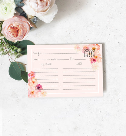 Abbieville Floral Pink | Printable Recipe Card Template - Black Bow Studio