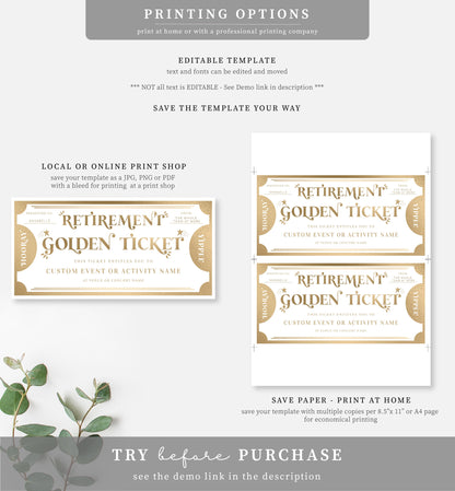 Golden Ticket Gold | Printable Retirement Custom Gift Voucher Template