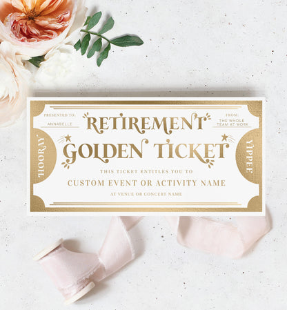 Golden Ticket Gold | Printable Retirement Custom Gift Voucher Template