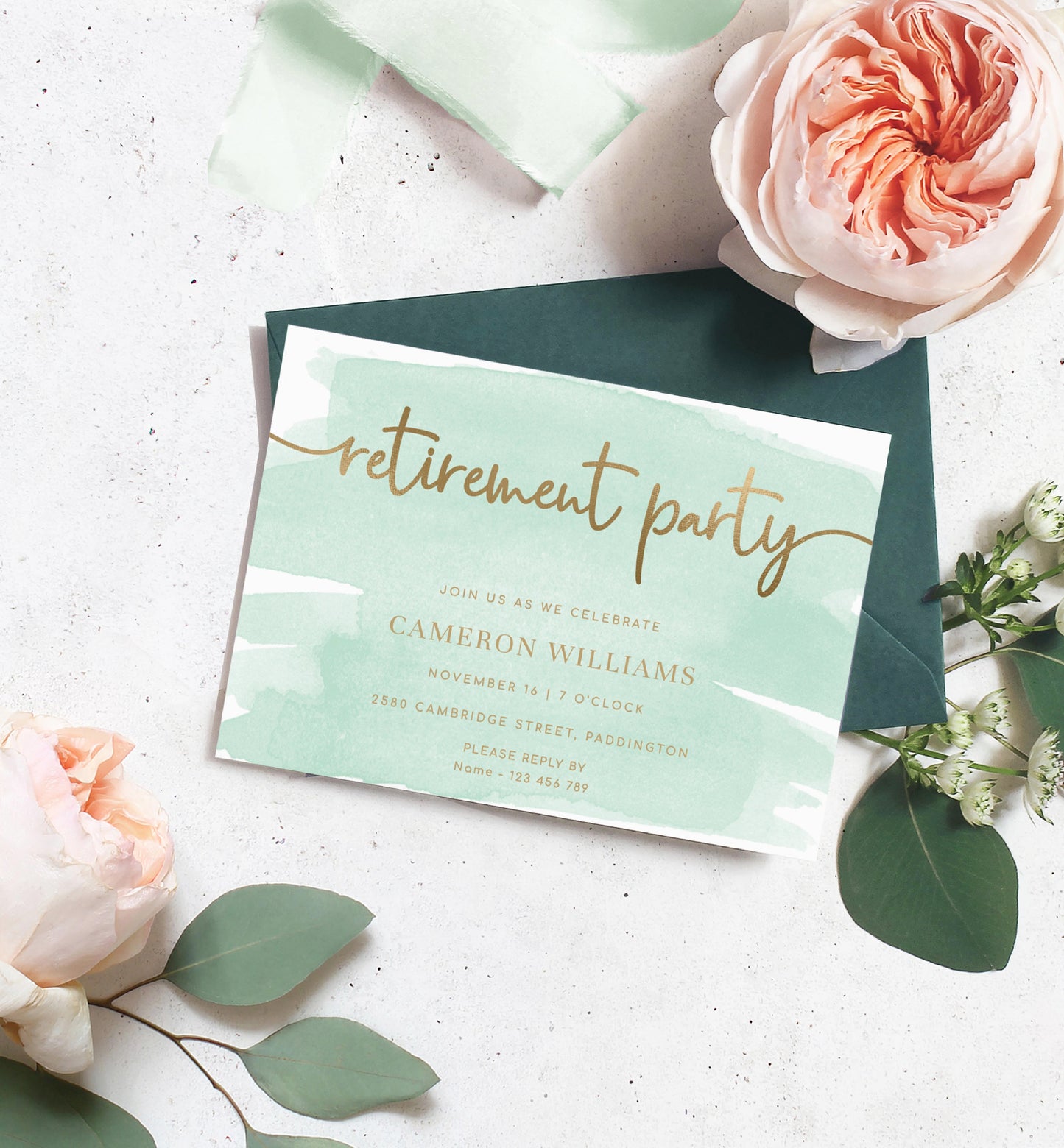 Watercolour Green Gold | Printable Retirement Party Invitation Template