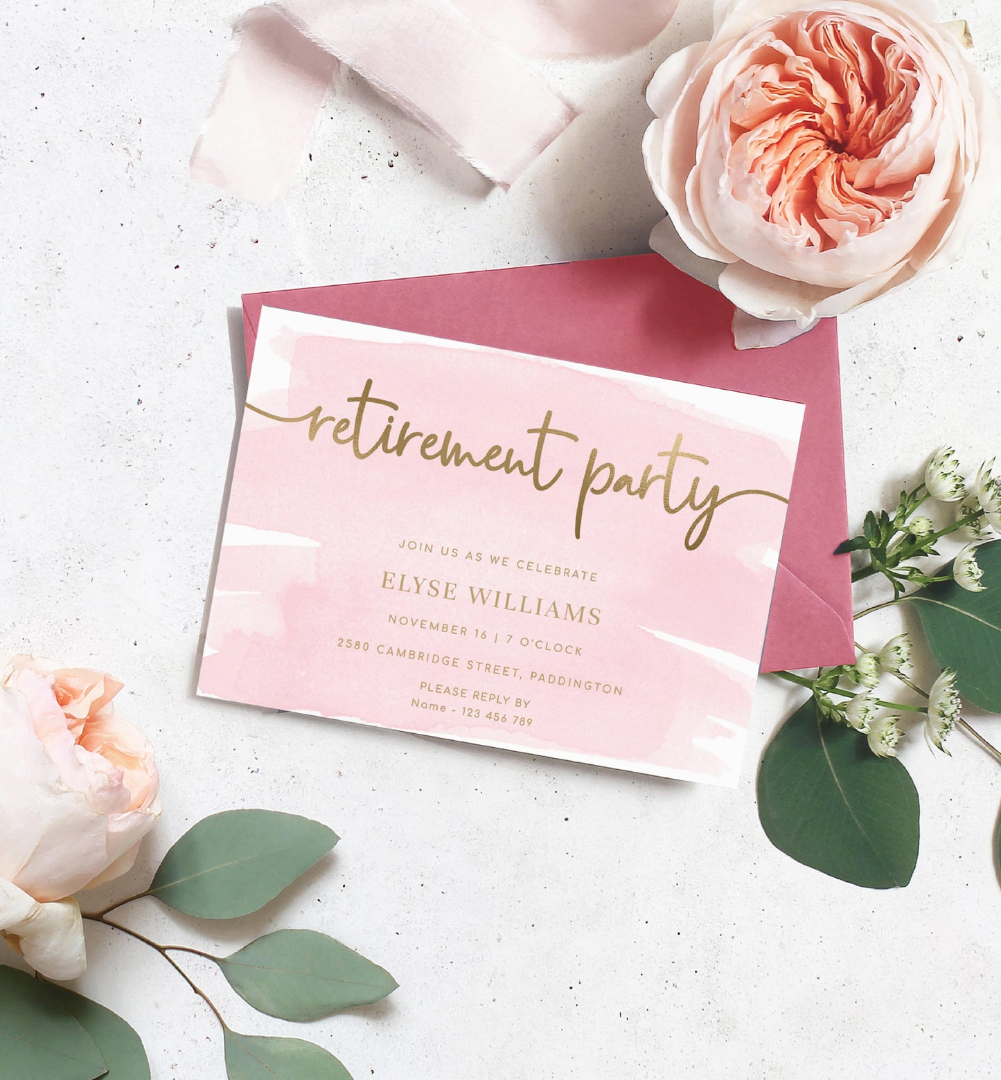 Watercolour Pink Gold | Printable Retirement Party Invitation Template