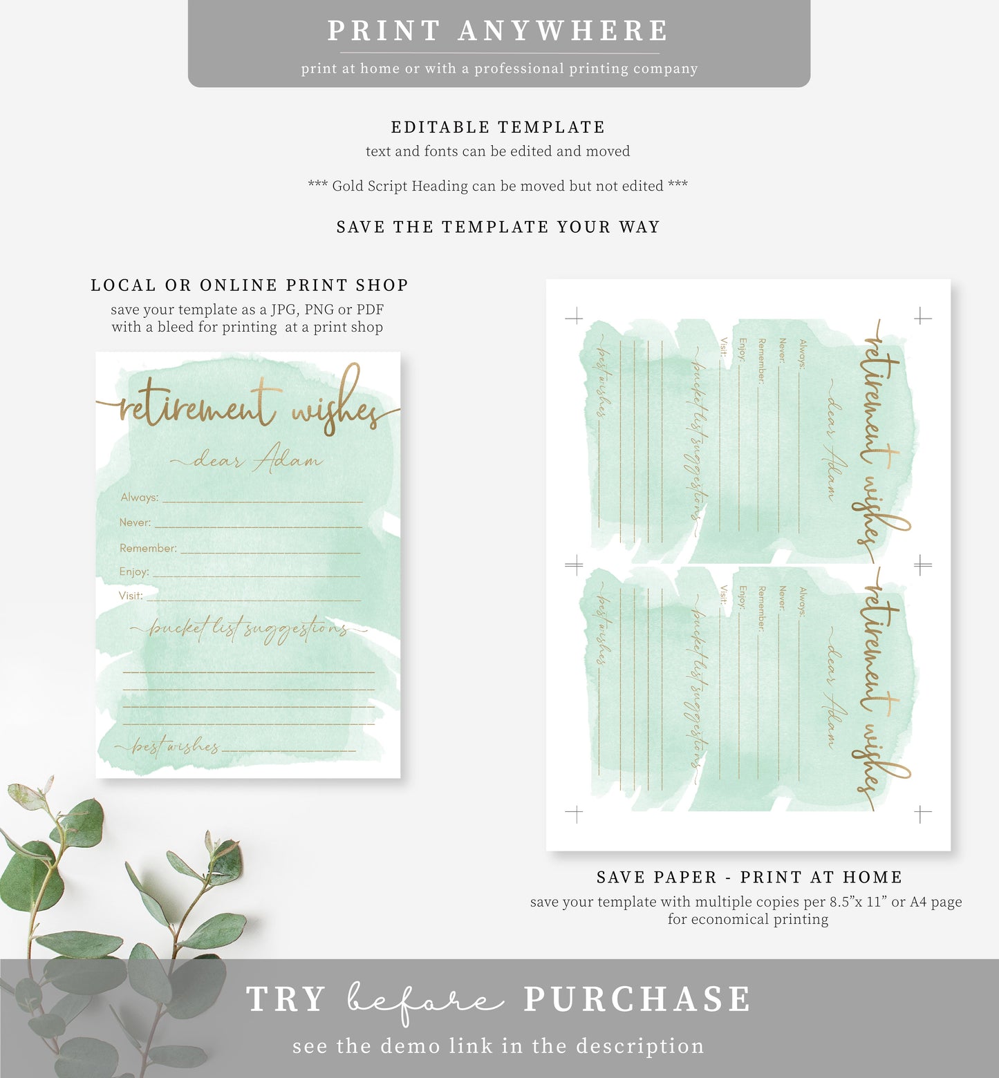 Watercolour Green Gold | Printable Retirement Wishes Card Template