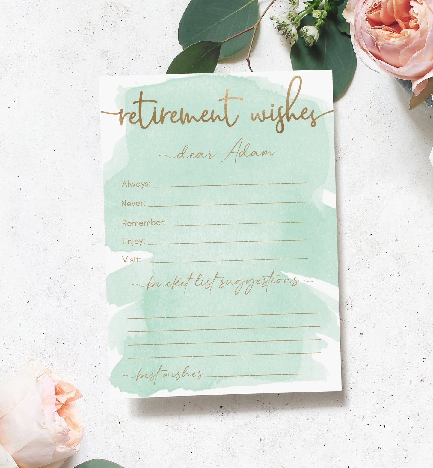 Watercolour Green Gold | Printable Retirement Wishes Card Template