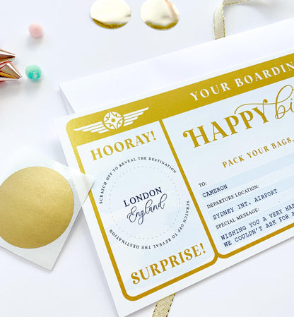 Watercolour Blue Gold | Scratch-off Birthday Boarding Pass