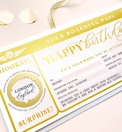 Watercolour Pink Gold | Scratch-off Birthday Boarding Pass