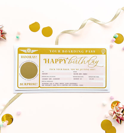 Watercolour Pink Gold | Scratch-off Birthday Boarding Pass