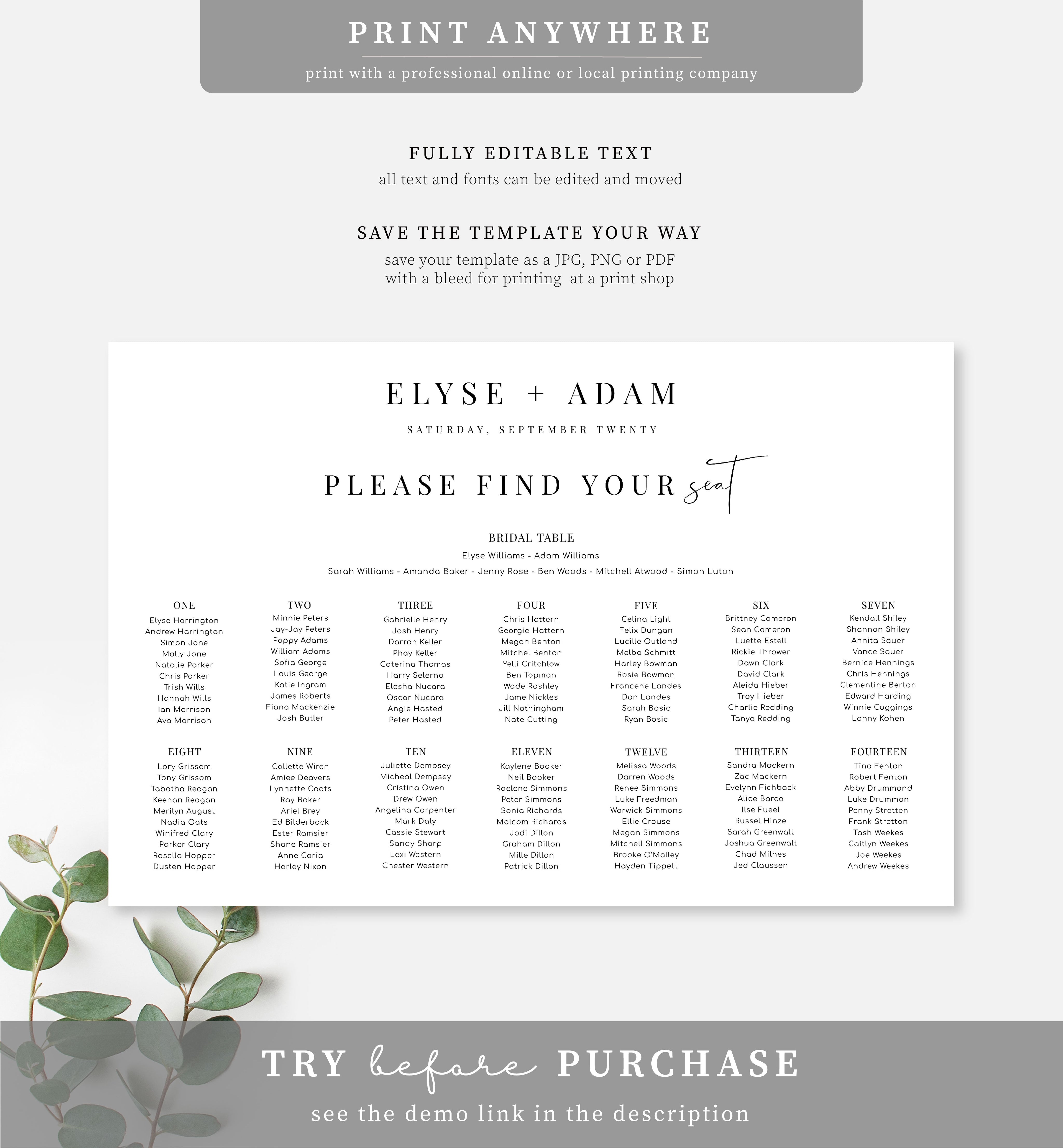 Estelle White | Printable Seating Chart Template – Black Bow Studio