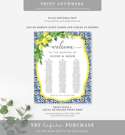 Positano Lemons | Printable 3 Banquet Tables Seating Chart Template