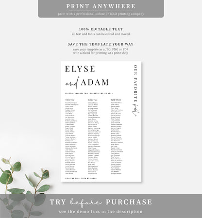 Estelle White | Printable Seating Chart - 3 Banquet Tables Template