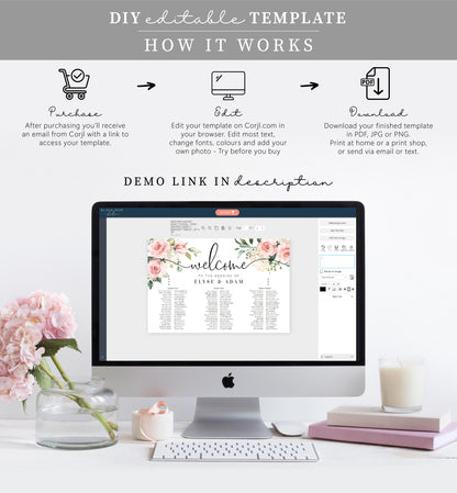 Darcy Floral Pink | Printable Banquet Tables Seating Chart Template