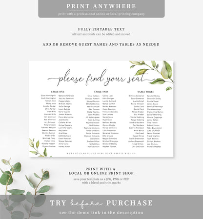 Darcy Greenery | Printable Seating Chart Template