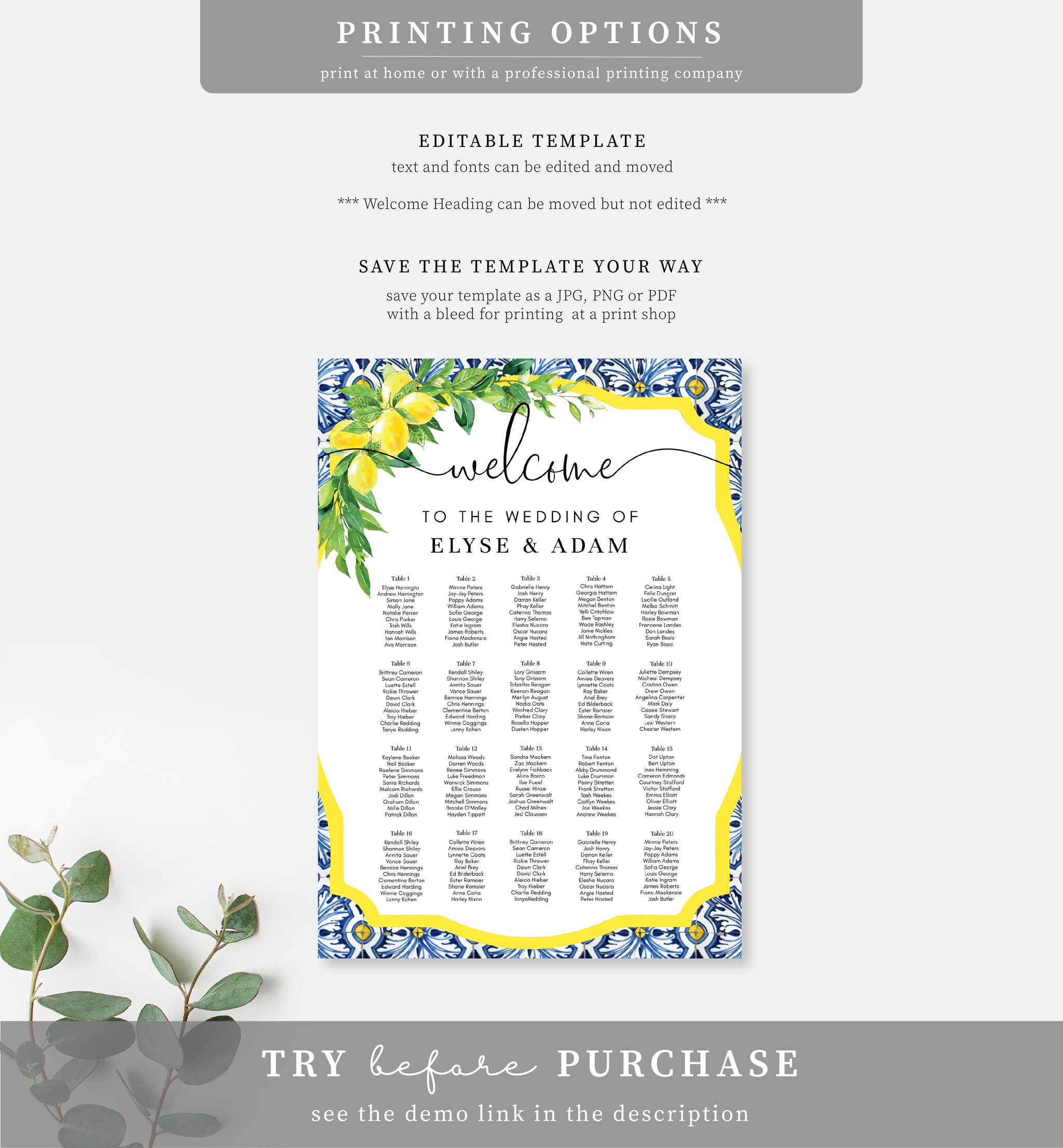 Positano Lemons | Printable Seating Chart Template – Black Bow Studio