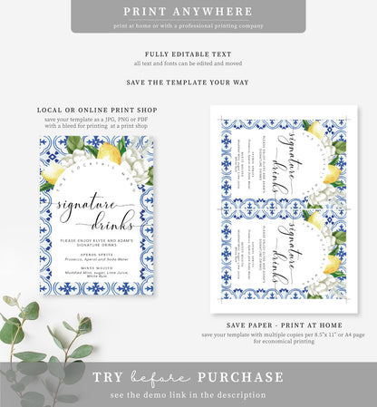 The Med Lemons | Printable Signature Drinks Sign Template