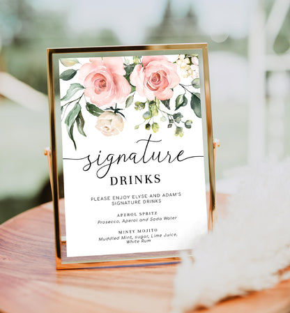 Darcy Floral Pink | Printable Signature Drinks Sign Template