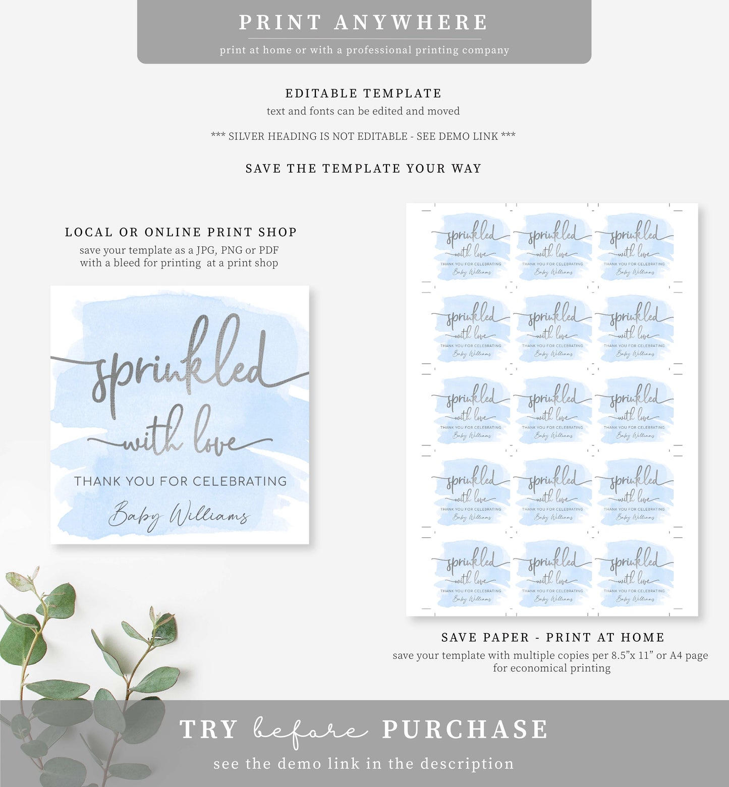 Watercolour Blue Silver | Printable Sprinkled With Love Favour Tag Template