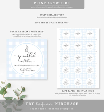 Gingham Blue Bunny | Printable Sprinkled With Love Favour Tag Template