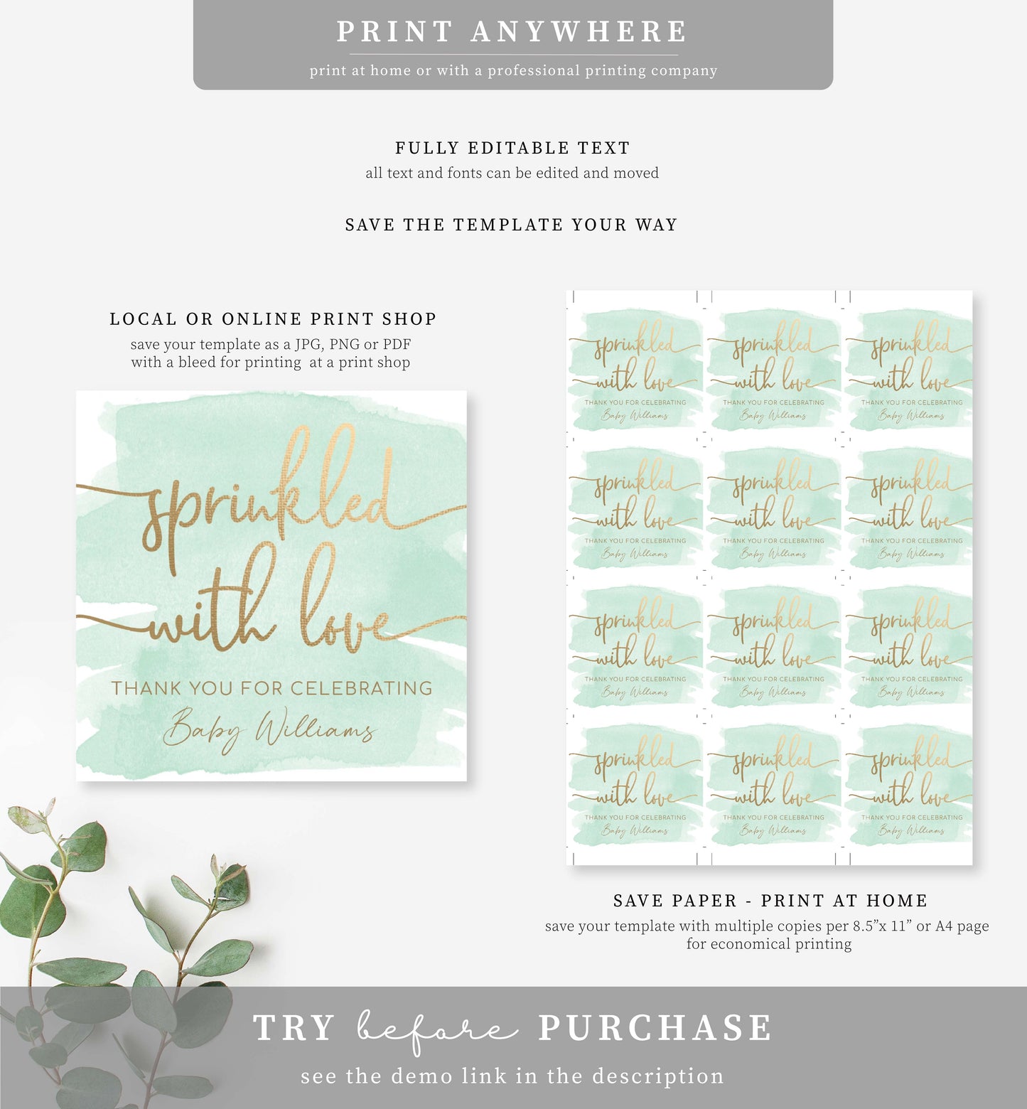 Watercolour Green | Printable Sprinkled With Love Favour Tag Template