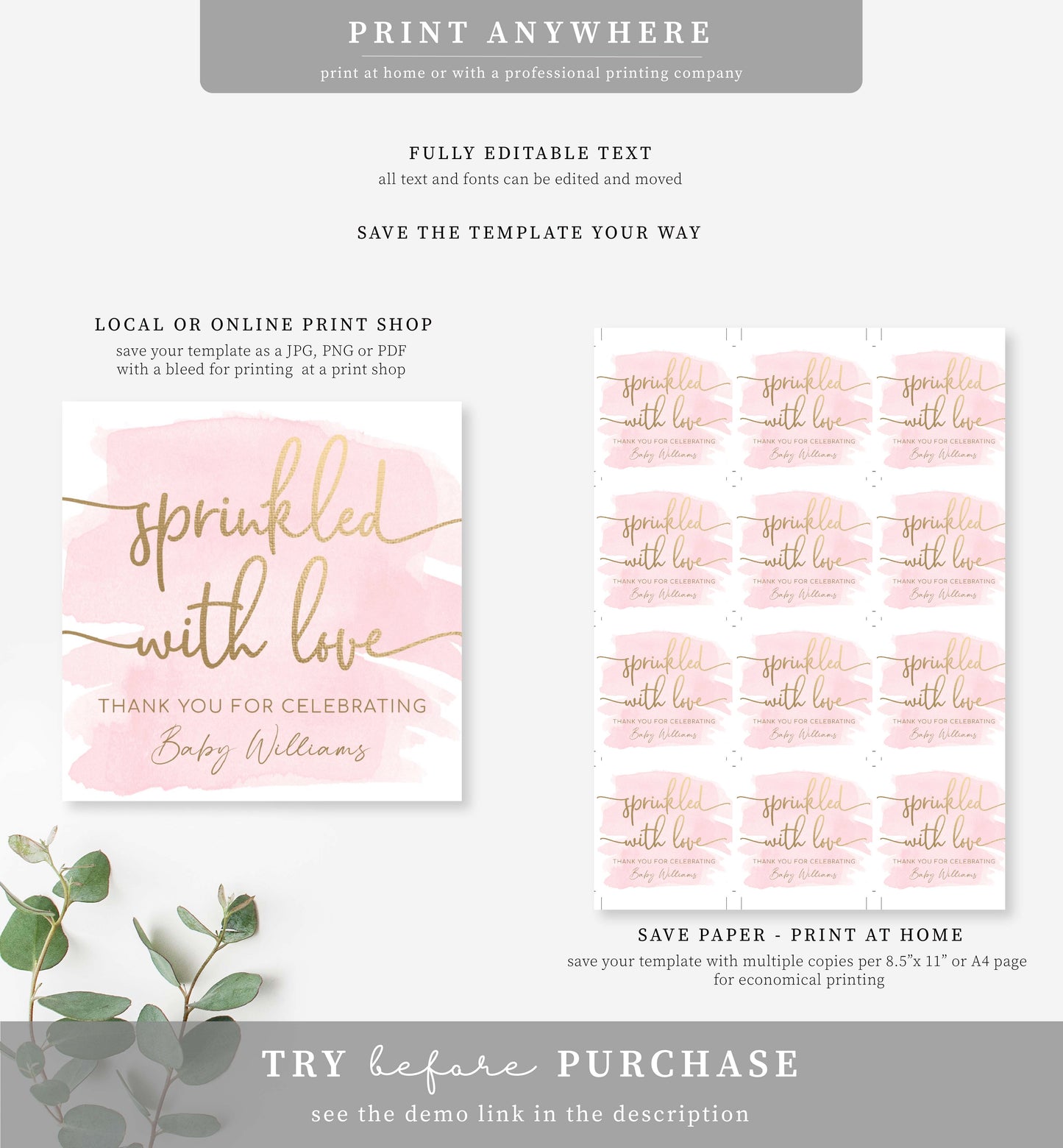 Watercolour Pink | Printable Sprinkled With Love Favour Tag Template