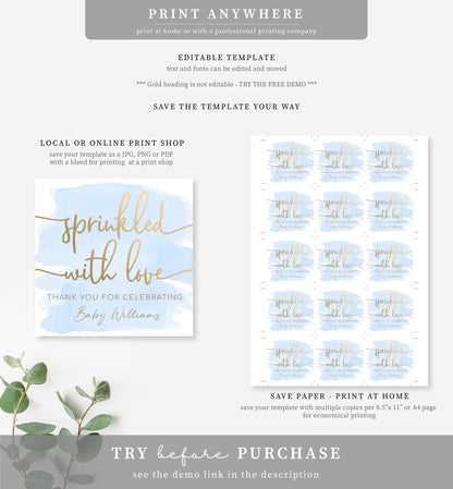 Watercolour Blue Gold | Printable Sprinkled With Love Favour Tag Template