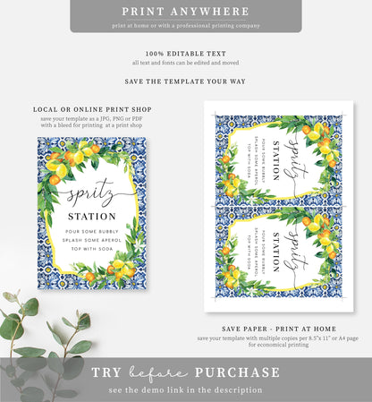 Positano Oranges & Lemons | Printable Spritz Station Sign Template