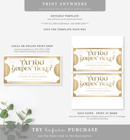 Golden Ticket Gold | Printable Tattoo Custom Gift Voucher Template