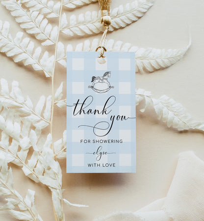 Gingham Blue Rocking Horse | Printable Favour Tags