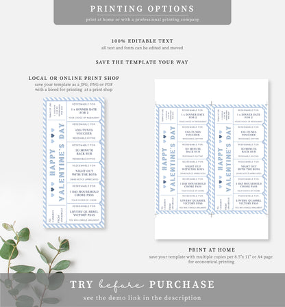 Stripe Blue White | Printable Valentine's Day Custom Love Coupons