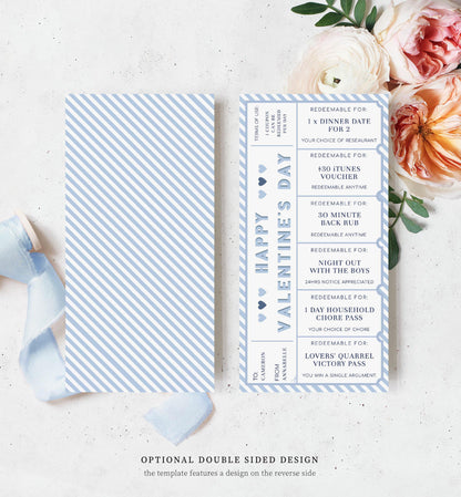 Stripe Blue White | Printable Valentine's Day Custom Love Coupons