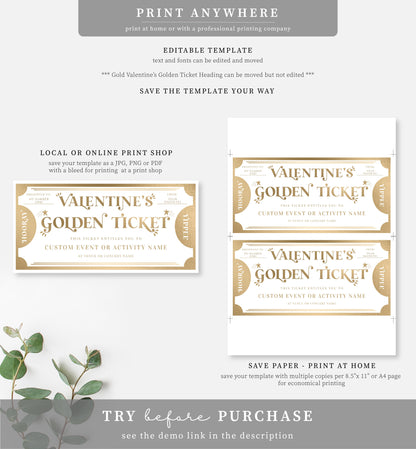 Golden Ticket Gold | Printable Valentine's Day Custom Gift Voucher Template