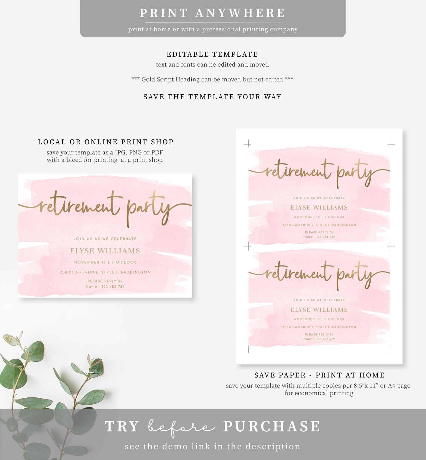 Watercolour Pink Gold | Printable Retirement Party Invitation Template