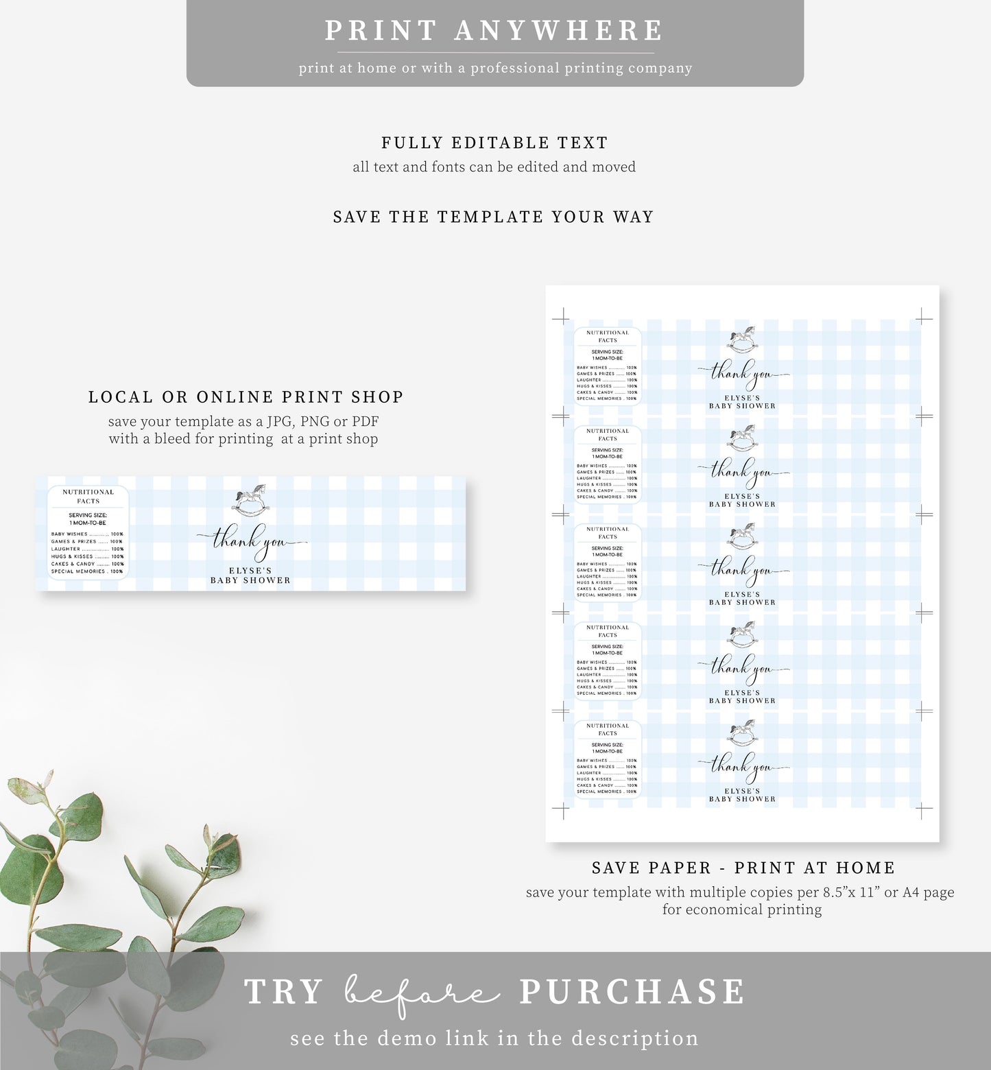 Gingham Blue Rocking Horse | Printable Water Bottle Labels Template