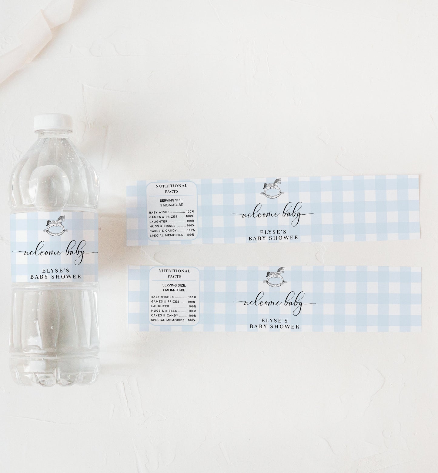 Editable Water Bottle Labels, Blue Gingham Rocking Horse, Printable Personalized Favor Water Bottle Labels, Boy Baby Shower, Boy First Birthday Water Bottle Labels