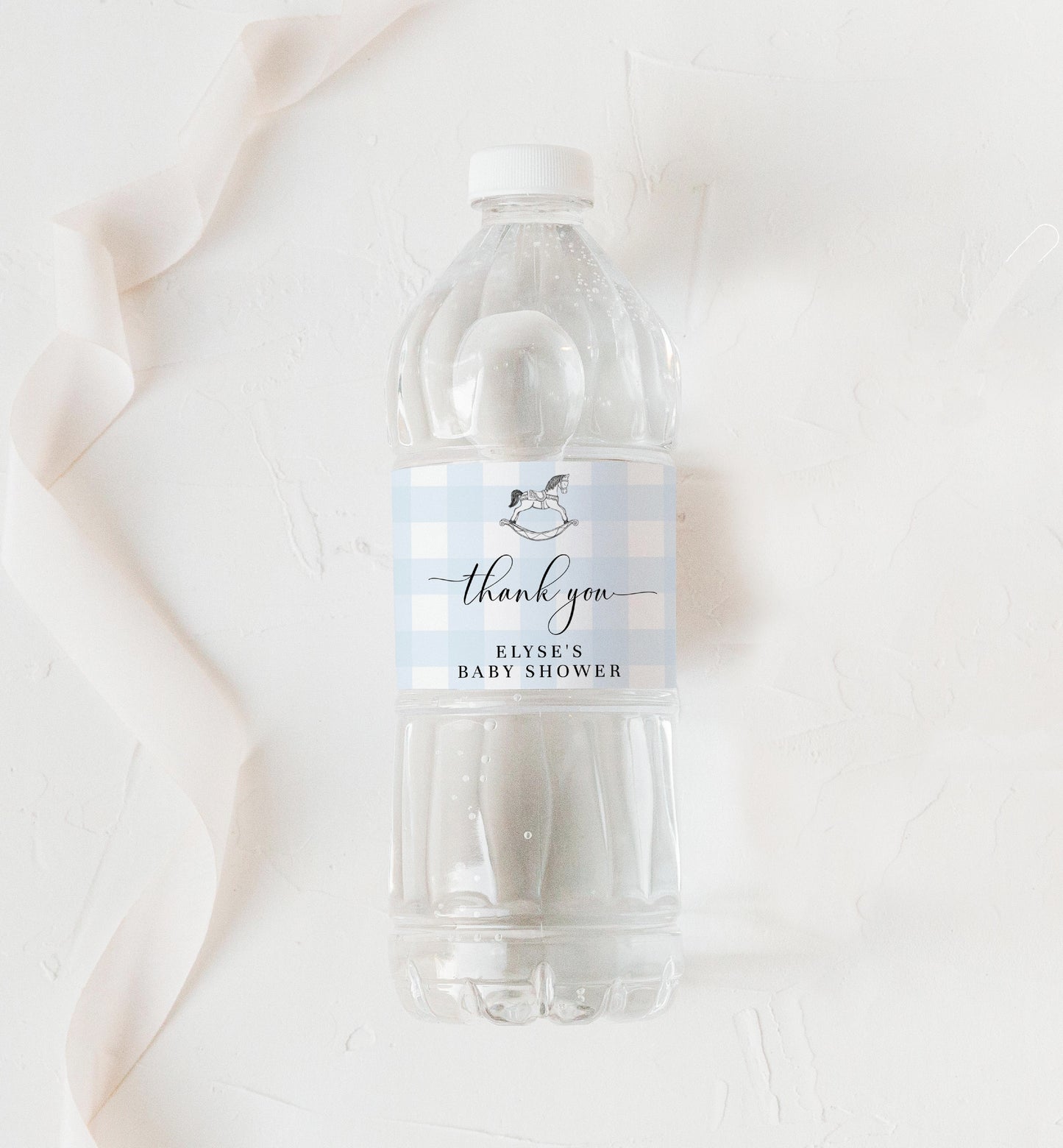 Gingham Blue Rocking Horse | Printable Water Bottle Labels Template