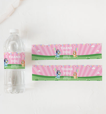 Bluey Pink | Printable Water Bottle Favour Labels Template