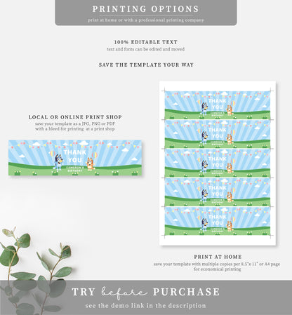 Bluey Blue | Printable Water Bottle Favour Labels Template - Black Bow Studio